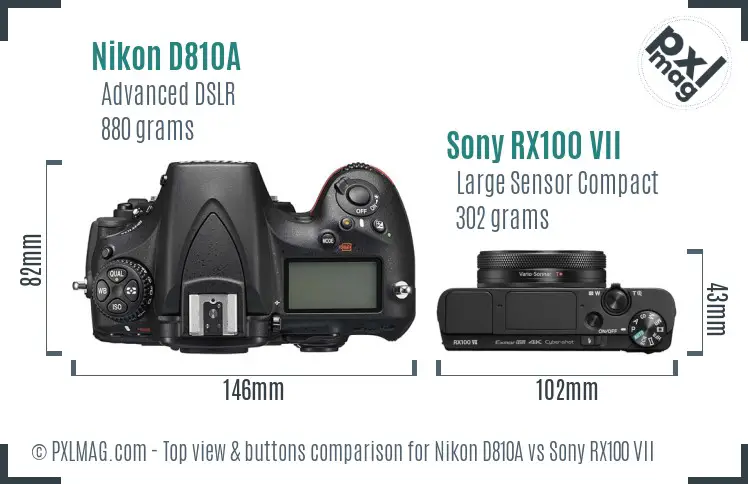 Nikon D810A vs Sony RX100 VII top view buttons comparison