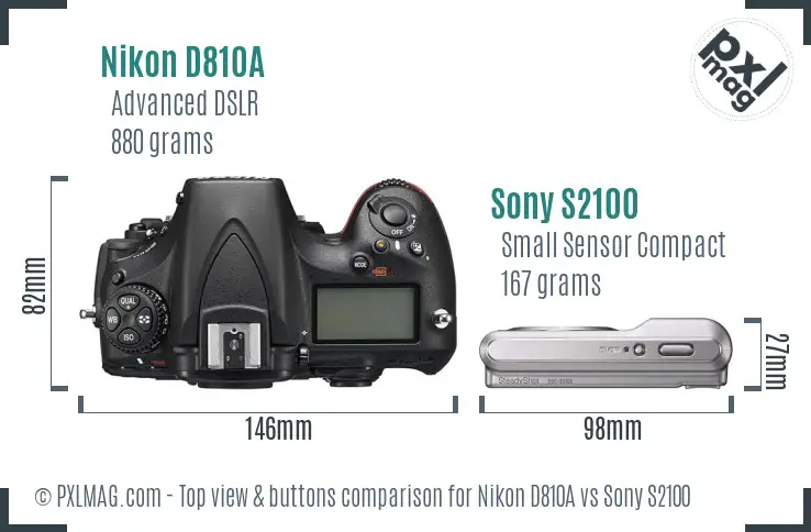 Nikon D810A vs Sony S2100 top view buttons comparison