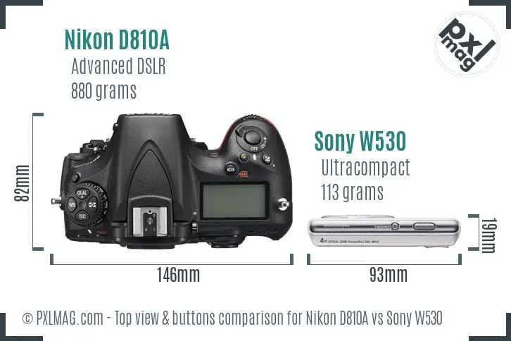 Nikon D810A vs Sony W530 top view buttons comparison