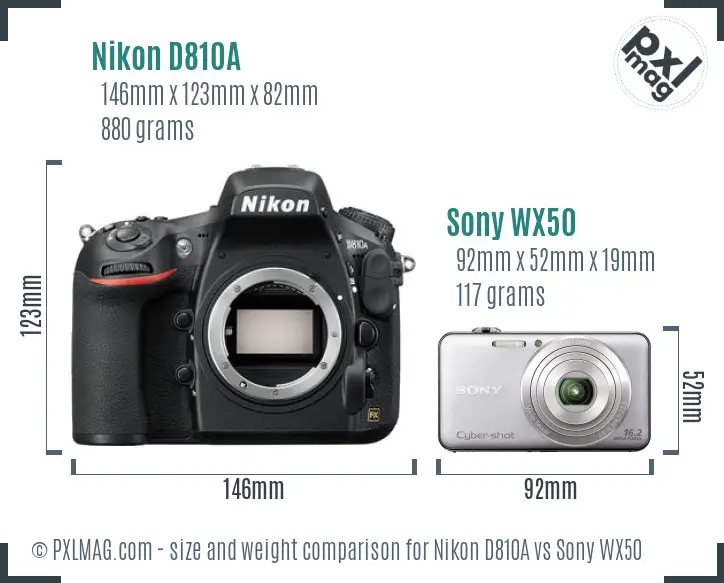 Nikon D810A vs Sony WX50 size comparison