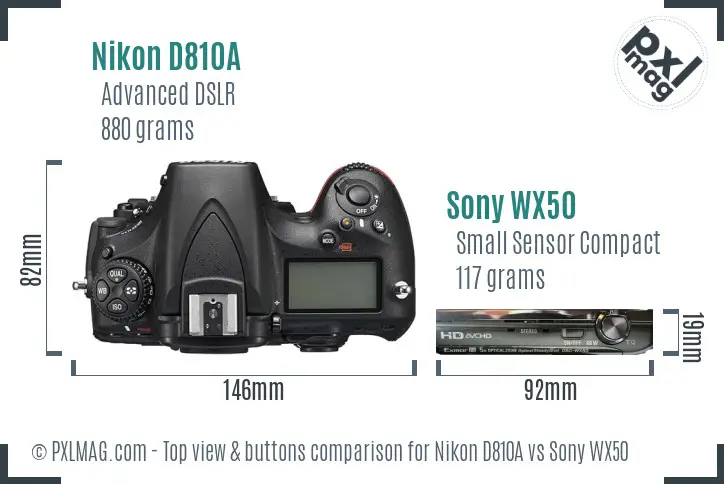 Nikon D810A vs Sony WX50 top view buttons comparison