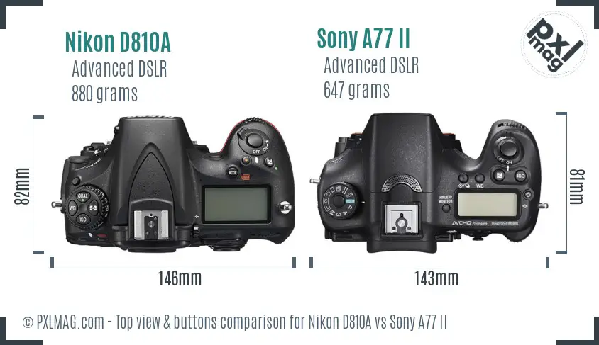 Nikon D810A vs Sony A77 II top view buttons comparison
