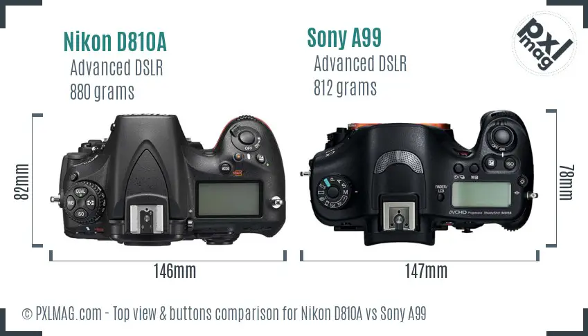 Nikon D810A vs Sony A99 top view buttons comparison