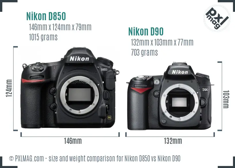 Nikon D850 vs Nikon D90 size comparison