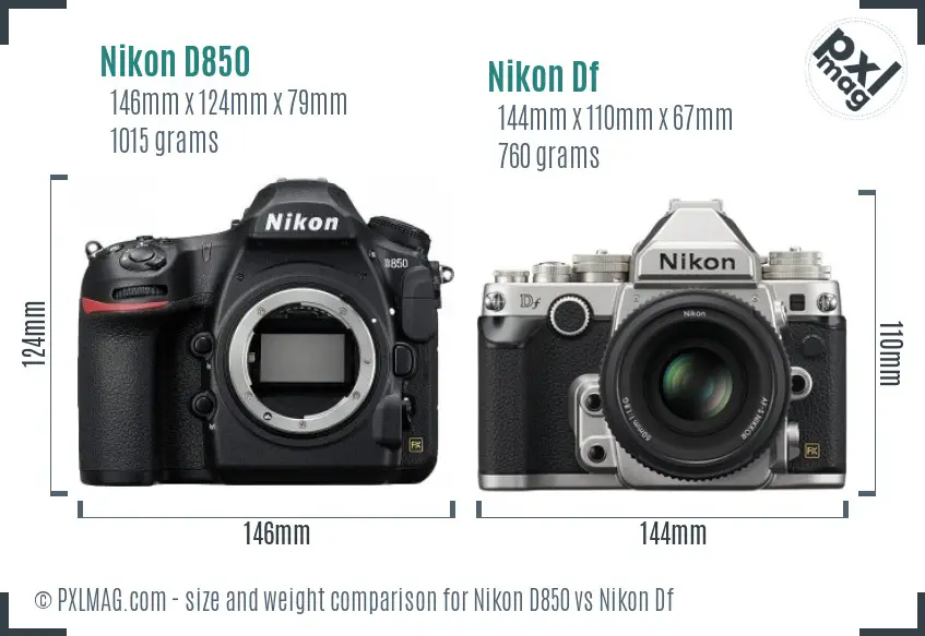 Nikon D850 vs Nikon Df size comparison