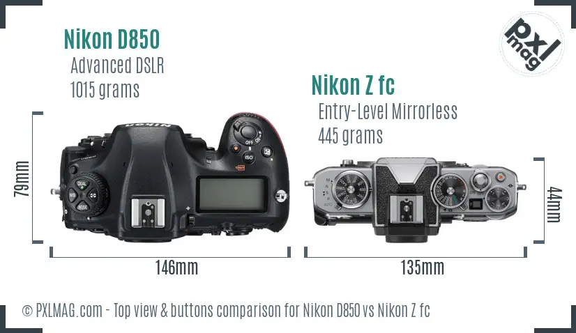 Nikon D850 vs Nikon Z fc top view buttons comparison Nikon D850 vs Nikon Z fc top view buttons comparison