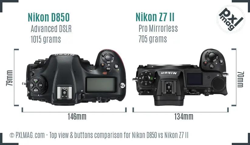 Nikon D850 vs Nikon Z7 II top view buttons comparison
