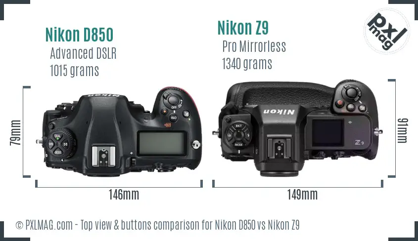 Nikon D850 vs Nikon Z9 top view buttons comparison
