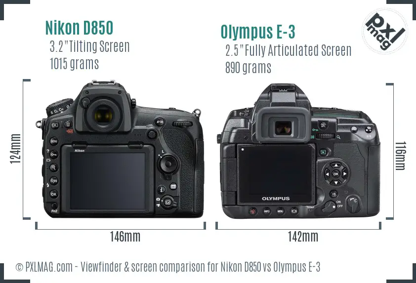 Nikon D850 vs Olympus E-3 Screen and Viewfinder comparison