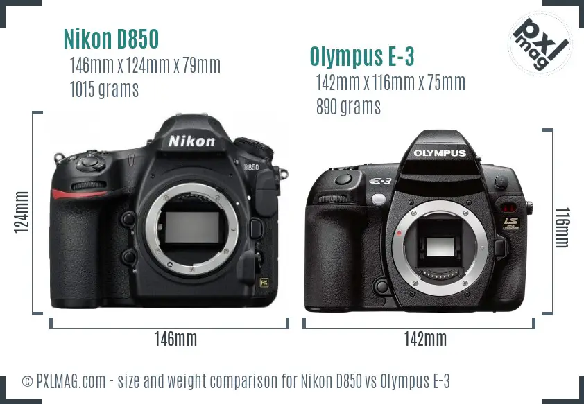 Nikon D850 vs Olympus E-3 size comparison