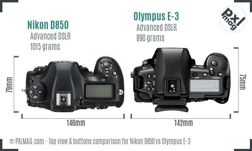 Nikon D850 vs Olympus E-3 top view buttons comparison