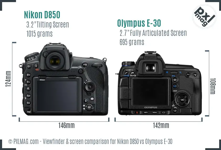 Nikon D850 vs Olympus E-30 Screen and Viewfinder comparison