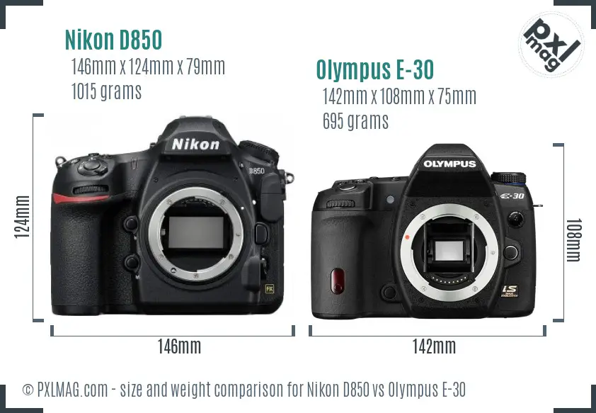 Nikon D850 vs Olympus E-30 size comparison