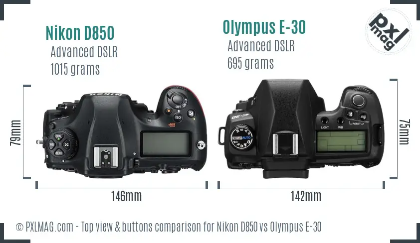 Nikon D850 vs Olympus E-30 top view buttons comparison