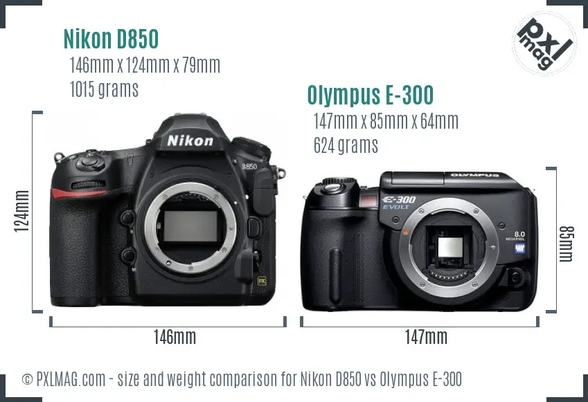 Nikon D850 vs Olympus E-300 size comparison