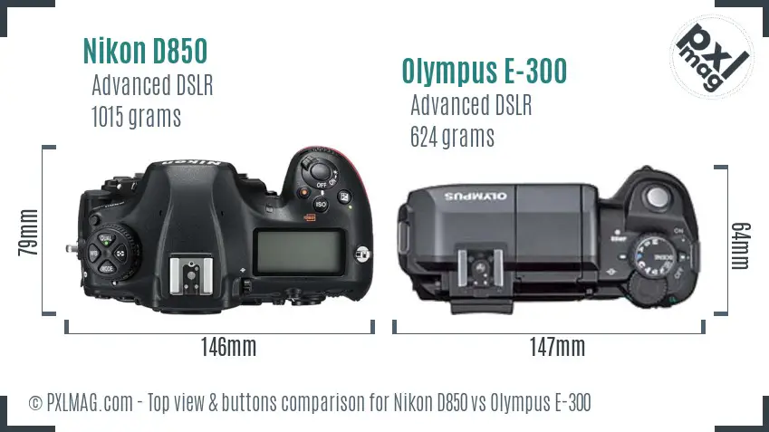 Nikon D850 vs Olympus E-300 top view buttons comparison