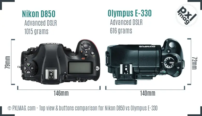 Nikon D850 vs Olympus E-330 top view buttons comparison