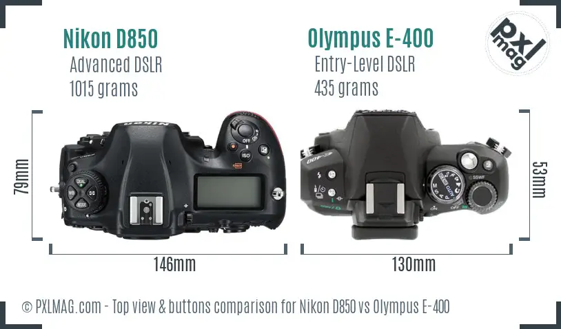 Nikon D850 vs Olympus E-400 top view buttons comparison