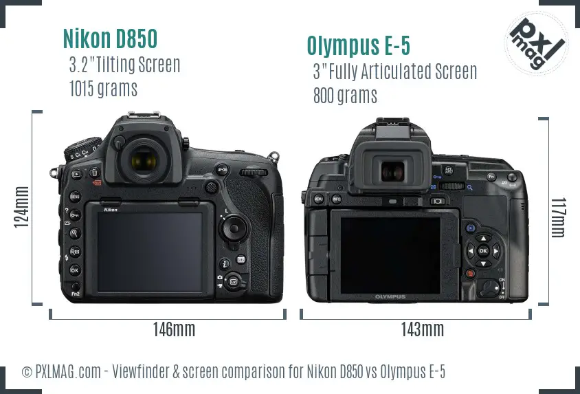 Nikon D850 vs Olympus E-5 Screen and Viewfinder comparison