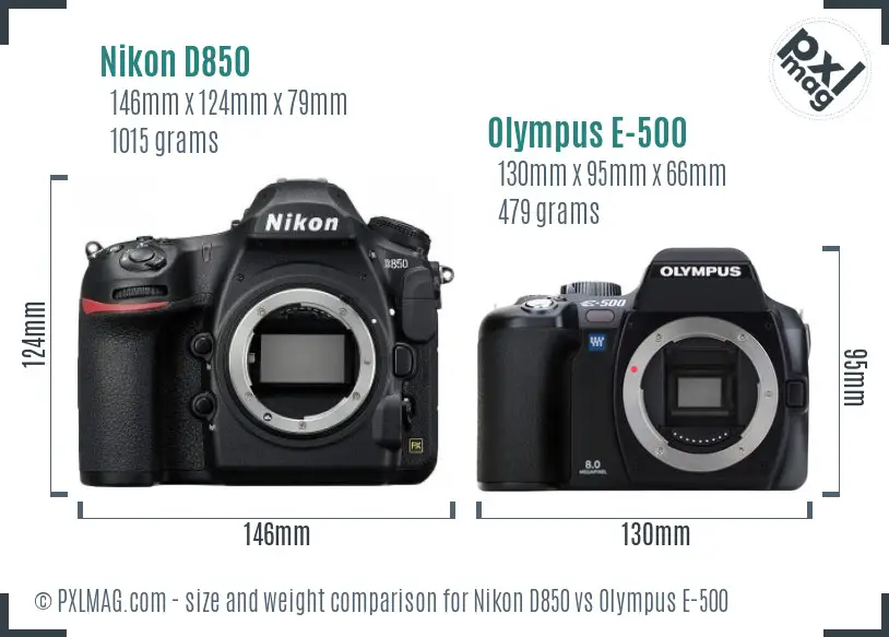 Nikon D850 vs Olympus E-500 size comparison