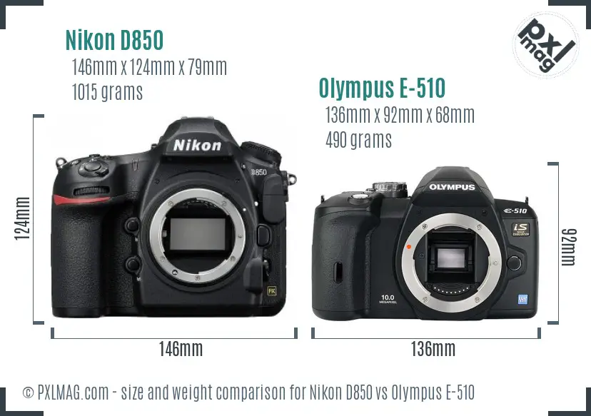 Nikon D850 vs Olympus E-510 size comparison