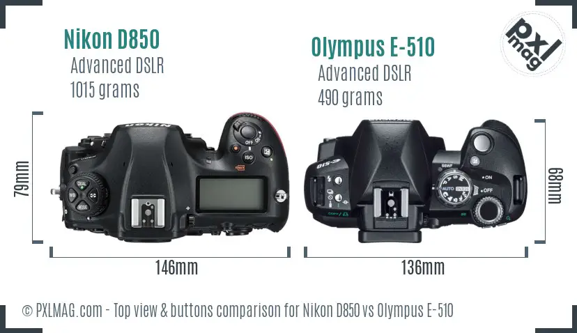 Nikon D850 vs Olympus E-510 top view buttons comparison