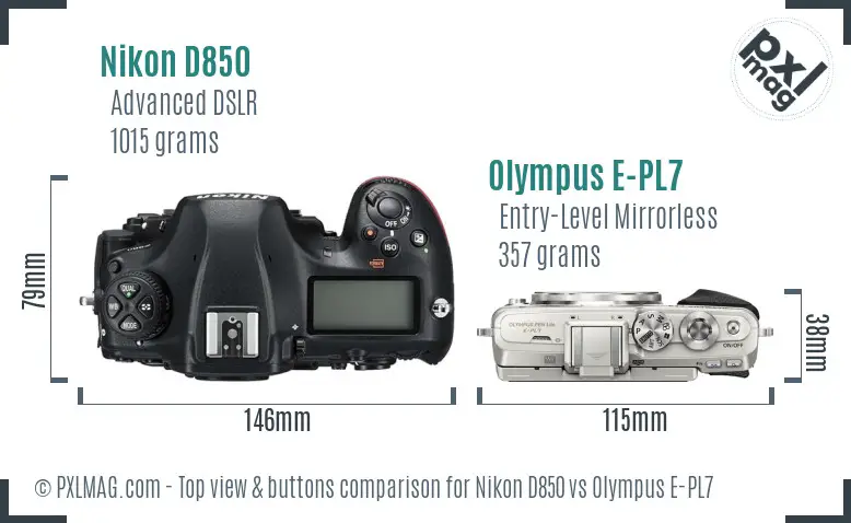 Nikon D850 vs Olympus E-PL7 top view buttons comparison Nikon D850 vs Olympus E-PL7 top view buttons comparison