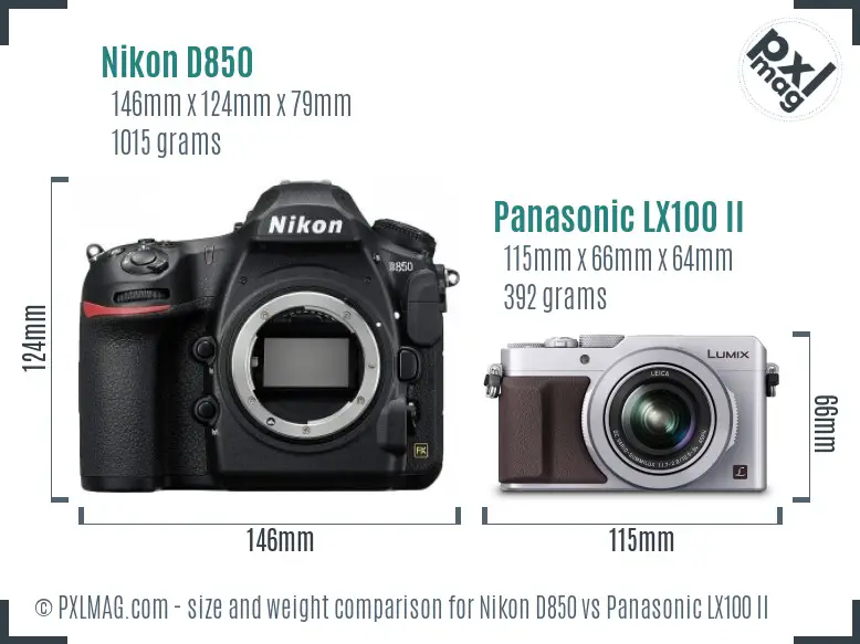 Nikon D850 vs Panasonic LX100 II size comparison