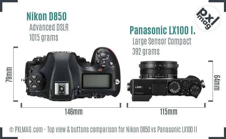Nikon D850 vs Panasonic LX100 II top view buttons comparison