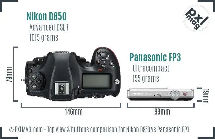 Nikon D850 vs Panasonic FP3 top view buttons comparison