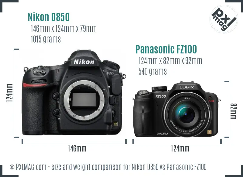 Nikon D850 vs Panasonic FZ100 size comparison