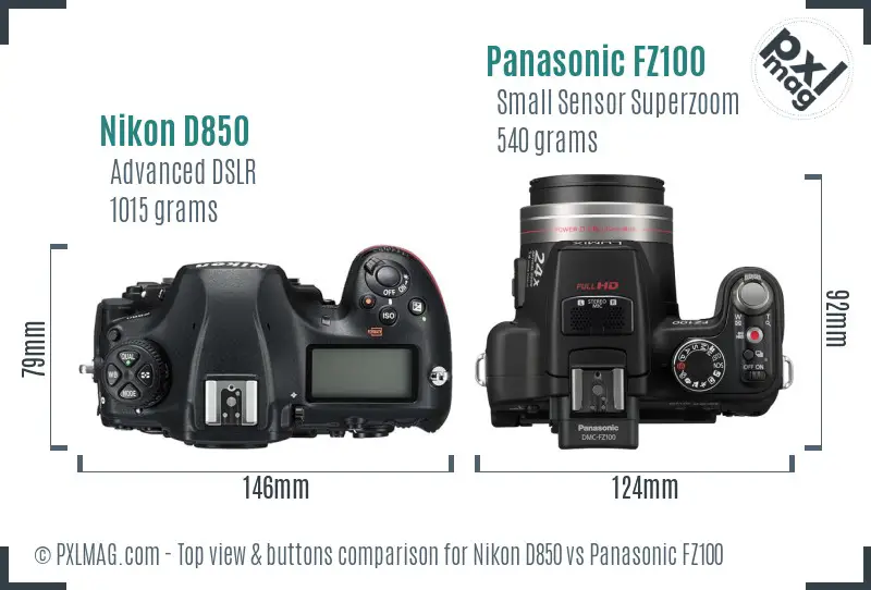 Nikon D850 vs Panasonic FZ100 top view buttons comparison