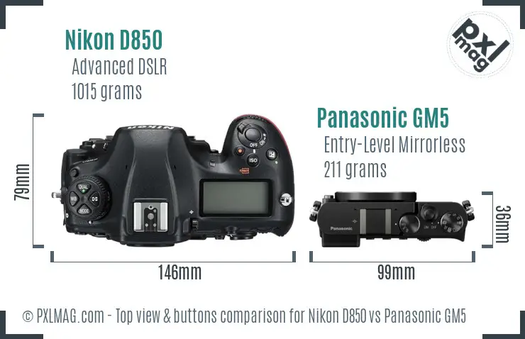 Nikon D850 vs Panasonic GM5 top view buttons comparison