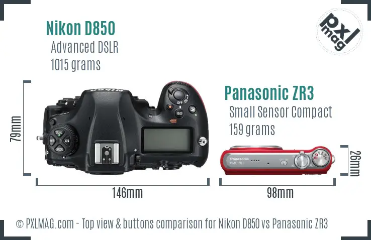 Nikon D850 vs Panasonic ZR3 top view buttons comparison