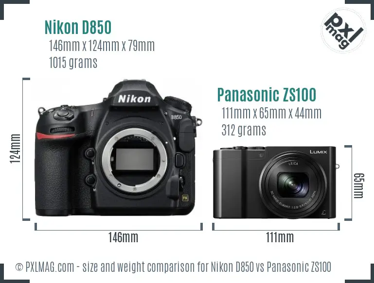 Nikon D850 vs Panasonic ZS100 size comparison