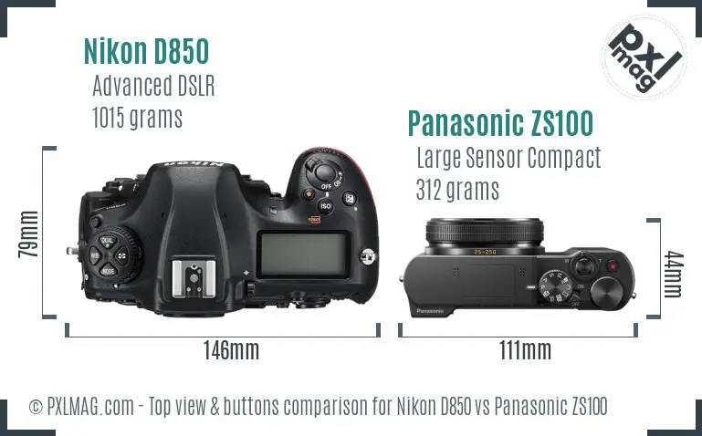 Nikon D850 vs Panasonic ZS100 top view buttons comparison