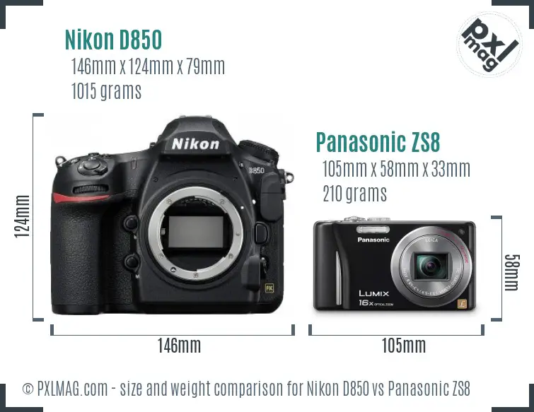 Nikon D850 vs Panasonic ZS8 size comparison