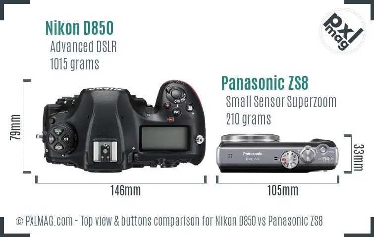 Nikon D850 vs Panasonic ZS8 top view buttons comparison