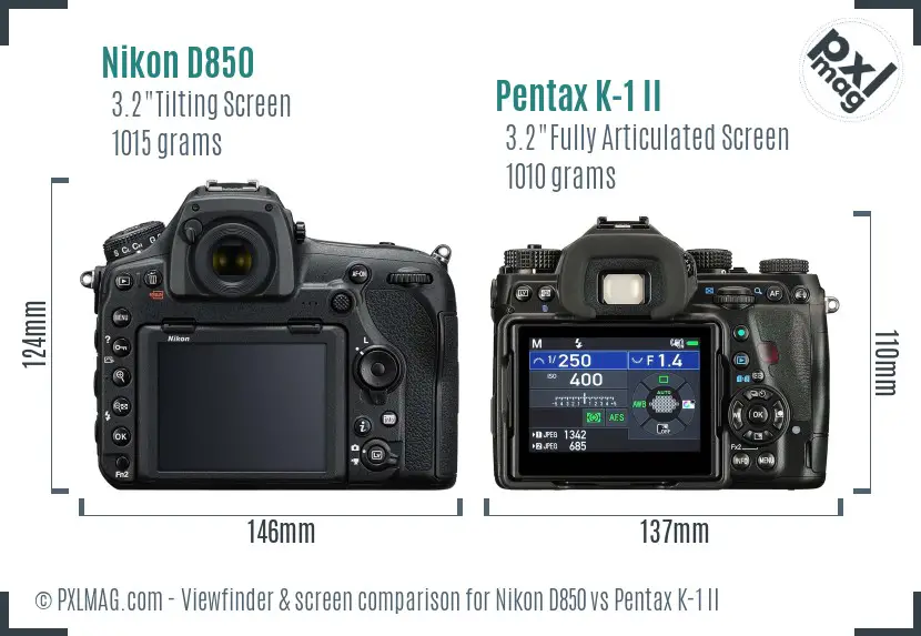 Nikon D850 vs Pentax K-1 II Screen and Viewfinder comparison
