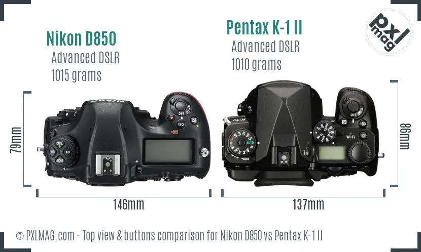 Nikon D850 vs Pentax K-1 II top view buttons comparison