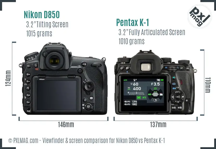Nikon D850 vs Pentax K-1 Screen and Viewfinder comparison