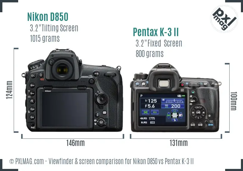 Nikon D850 vs Pentax K-3 II Screen and Viewfinder comparison