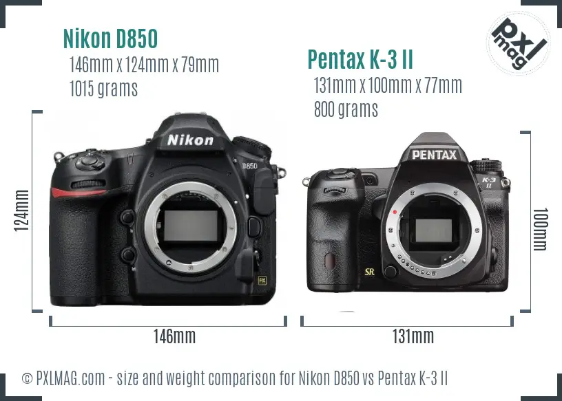 Nikon D850 vs Pentax K-3 II size comparison