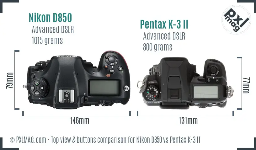Nikon D850 vs Pentax K-3 II top view buttons comparison