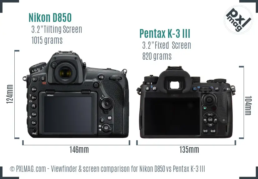 Nikon D850 vs Pentax K-3 III Screen and Viewfinder comparison