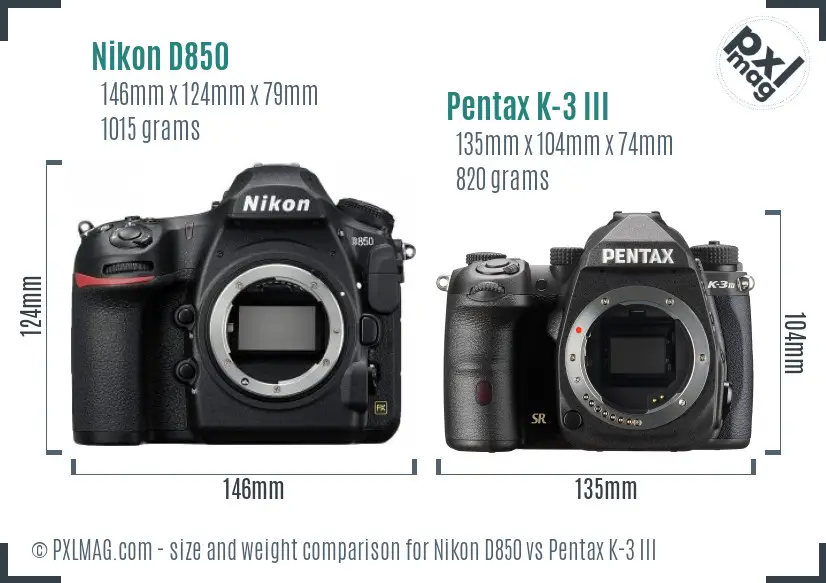 Nikon D850 vs Pentax K-3 III size comparison