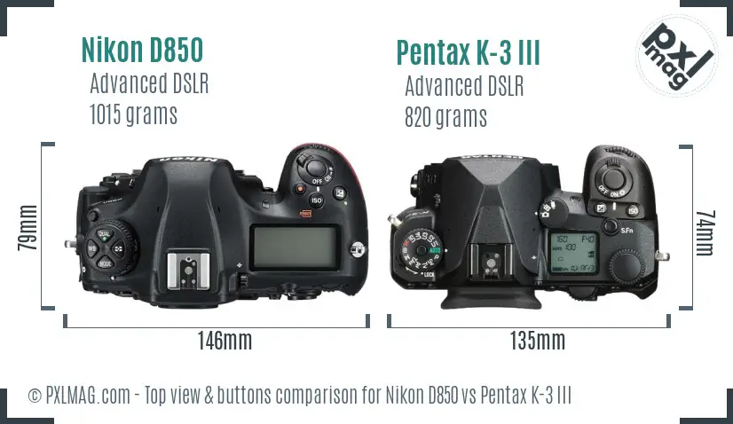 Nikon D850 vs Pentax K-3 III top view buttons comparison
