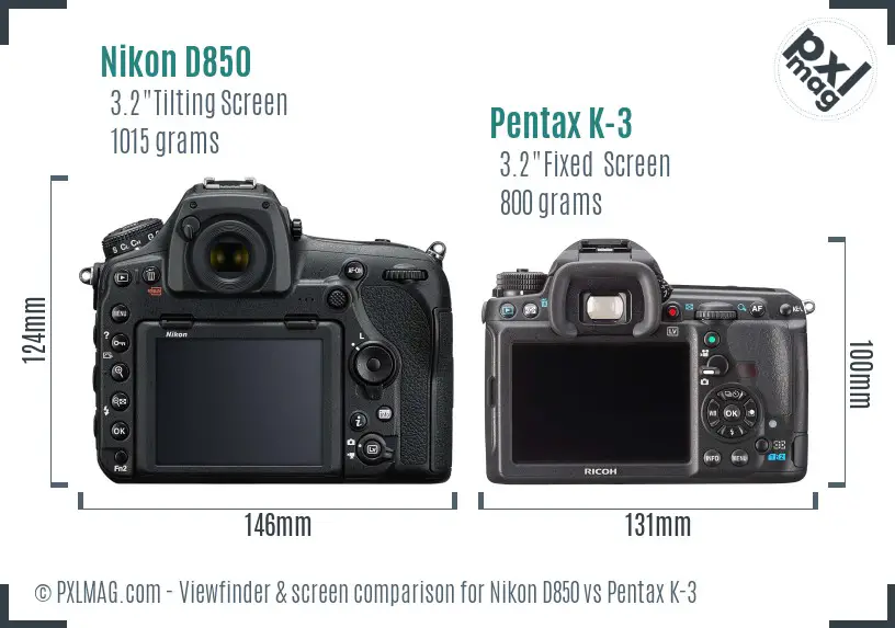 Nikon D850 vs Pentax K-3 Screen and Viewfinder comparison
