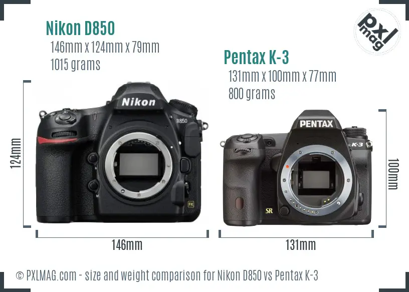 Nikon D850 vs Pentax K-3 size comparison