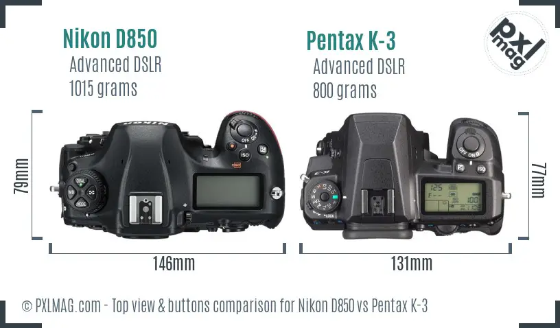 Nikon D850 vs Pentax K-3 top view buttons comparison